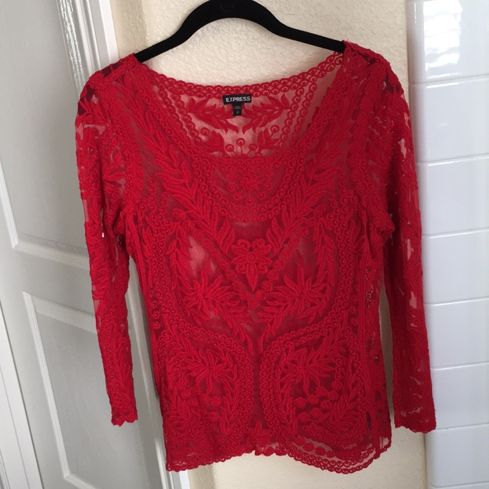 Express - Red Lace Long Sleeve Shirt - Size S